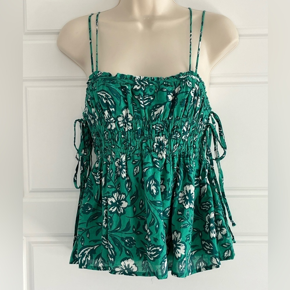 By Together Babydoll Tank Blouse in Jungle Green Adjustable Tied Sides Boho Sz S
